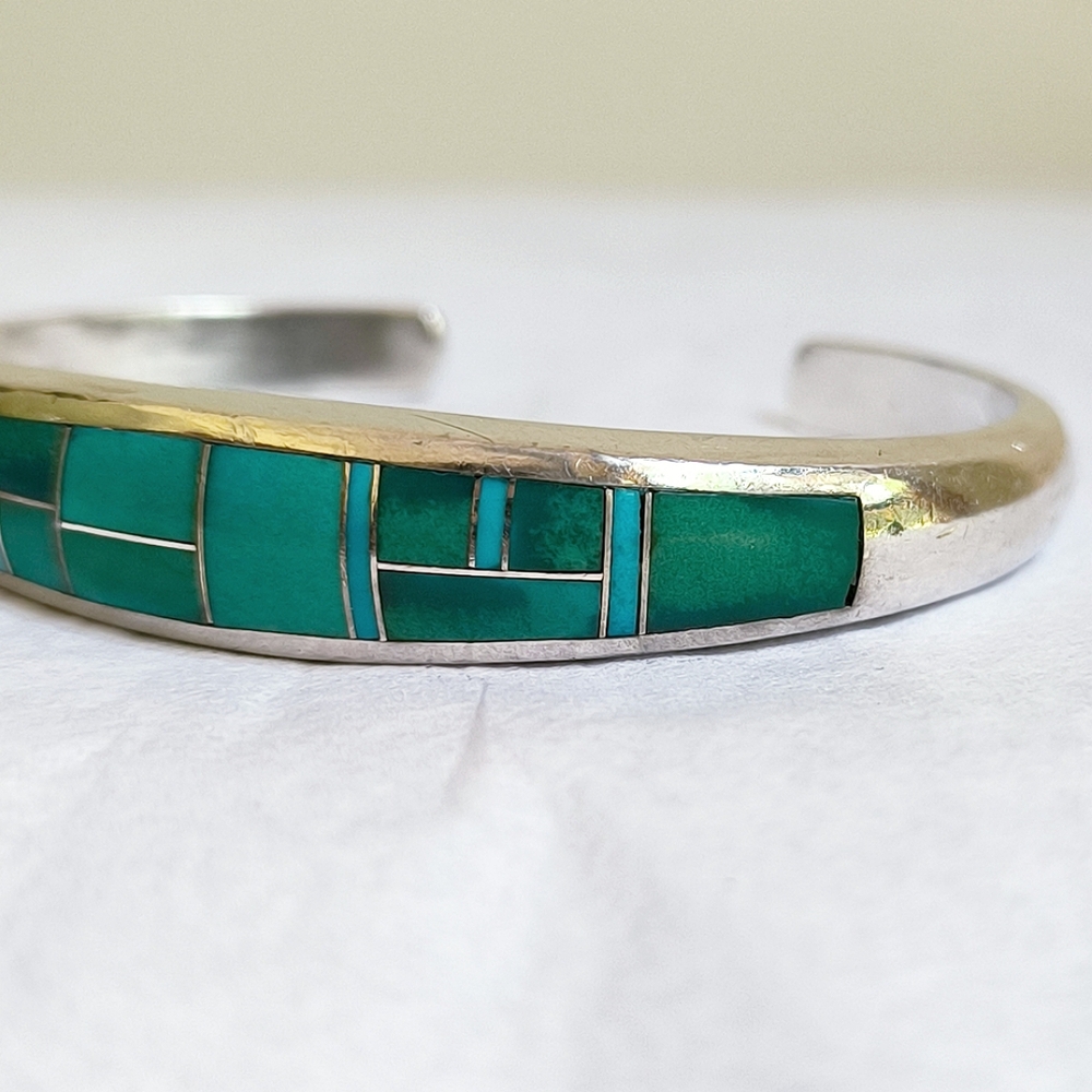 Teme sterling silver and turquoise inlay tapered bangle bracelet - Picture 4 of 11